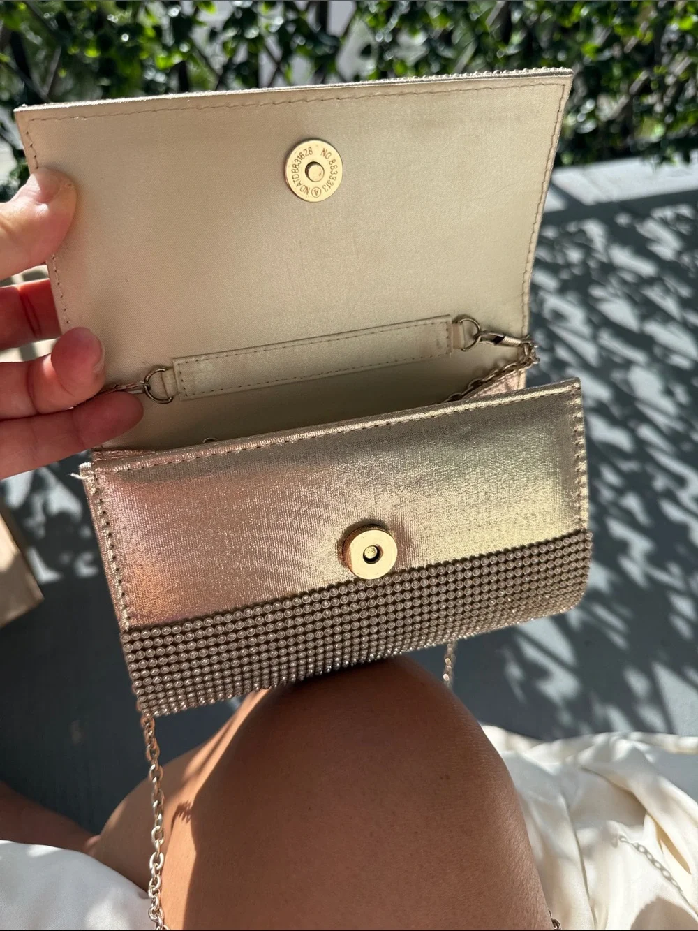 Gold Crystal-Embellished Evening Clutch with Chain Strap